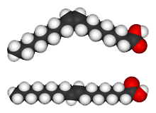 The molecular structure of Oleic Acid (a cis fat, top), and Elaidic Acid (a trans fat, bottom)